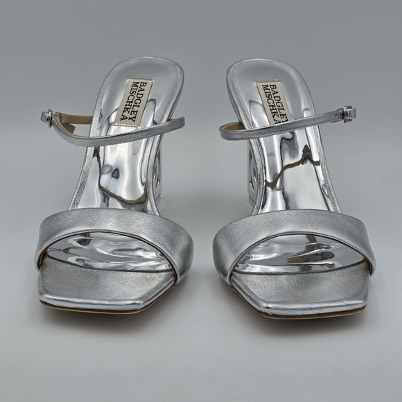 Badgley Mischka Luna Mule With Sculptural Wedge, Silver "LOVE" Heels, Like New! - Picture 6 of 16